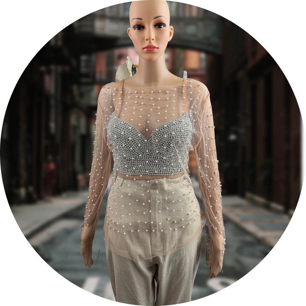 NLK Sykes Pearls diamonds Sheer Blouse with Corset